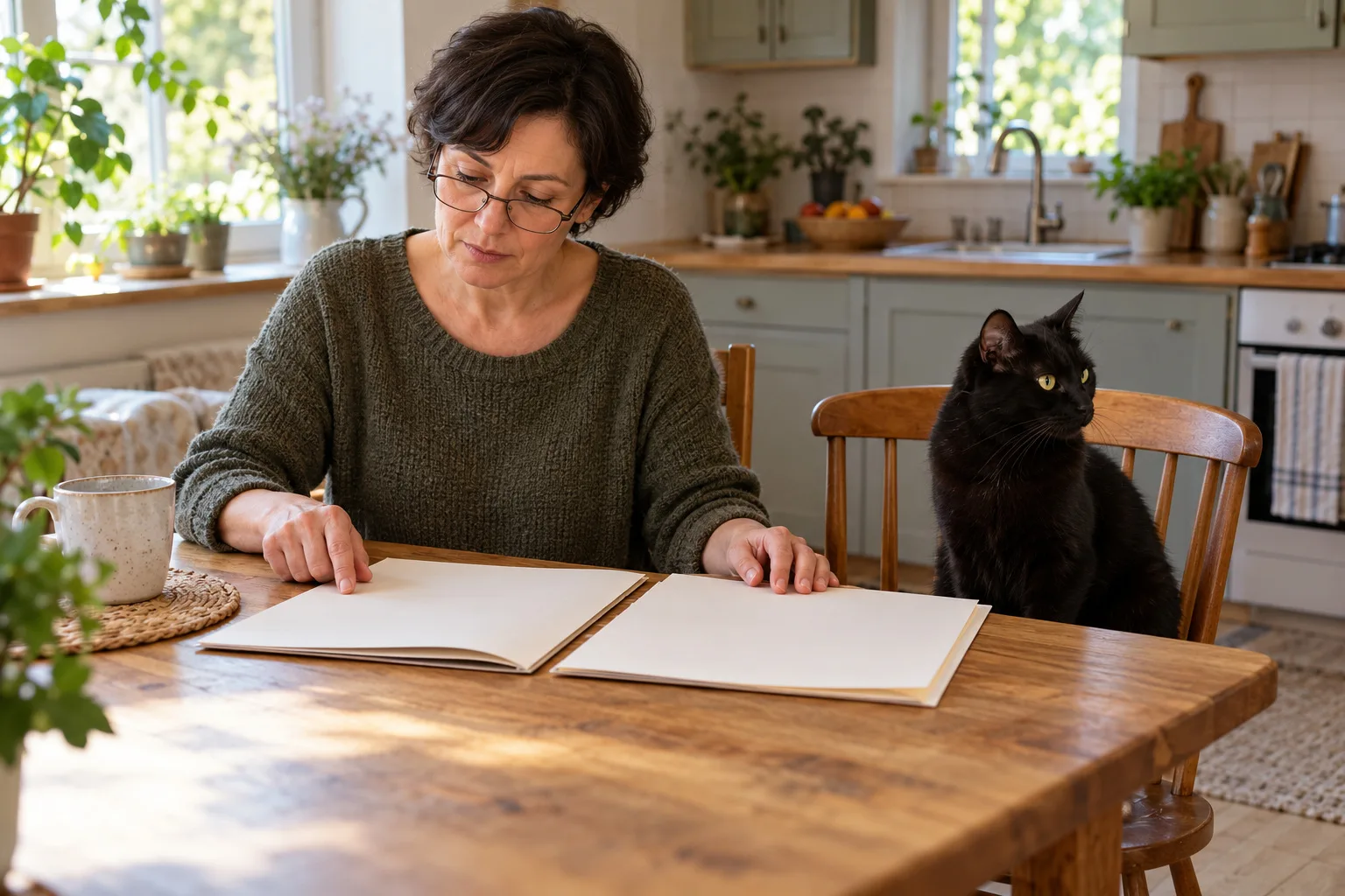 Owner comparing two folders with a black cat sitting beside her