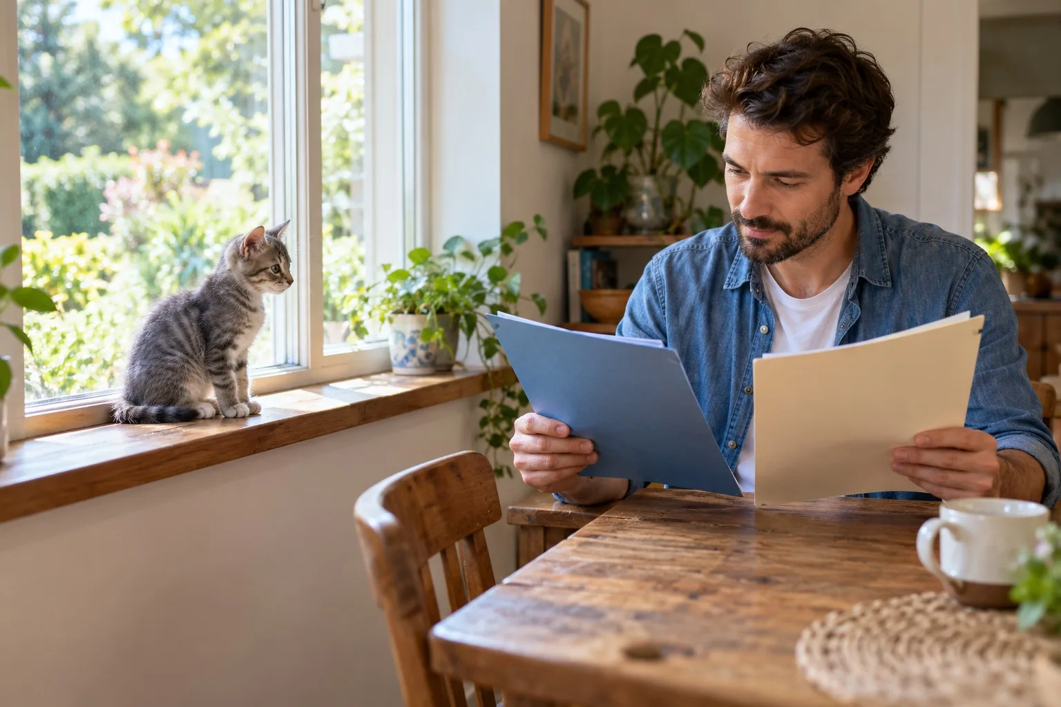 Owner reading papers while a kitten sits near a window